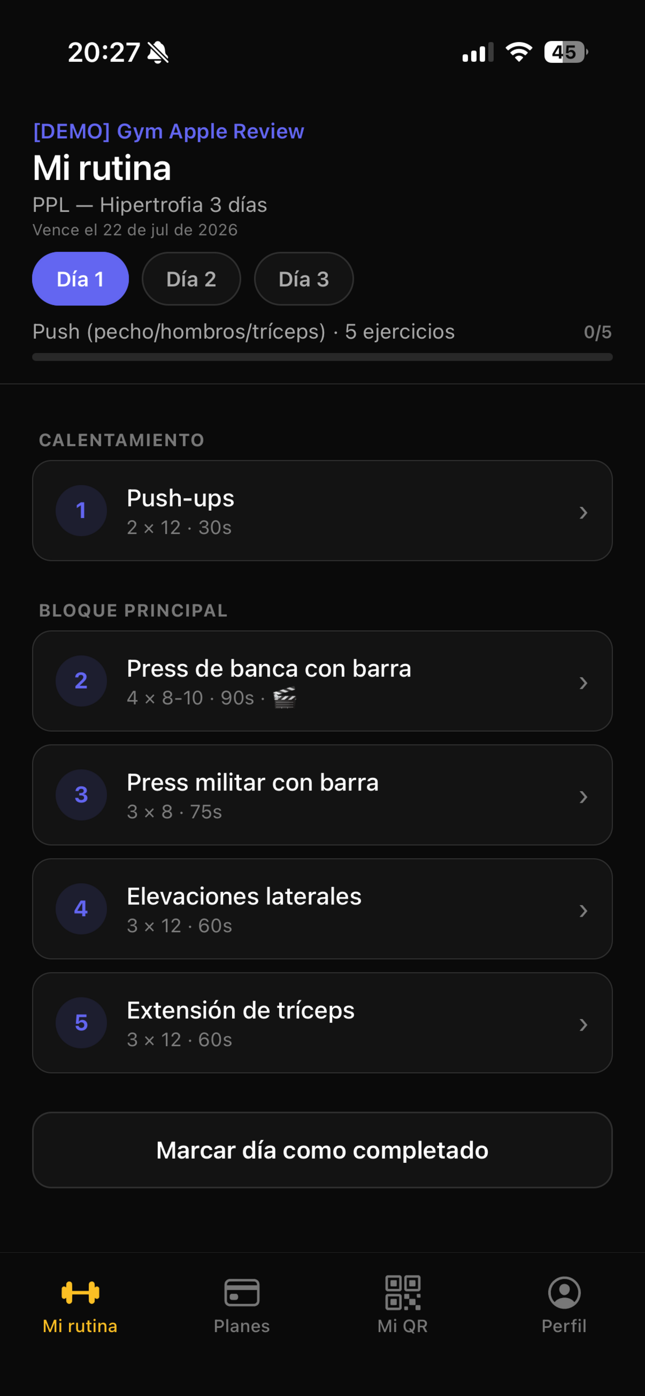 Vista del socio: Mi rutina con bloques y ejercicios