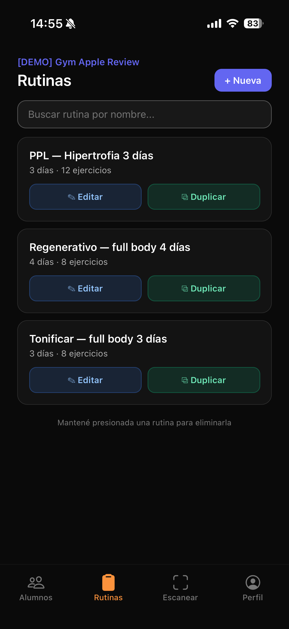 Vista del profesor: lista de rutinas template del gym